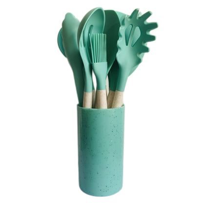 Beech handle silicone kitchenware 12-piece set plus storage bucket Yangjiang kitchen tool set cooking spatula ready for sale