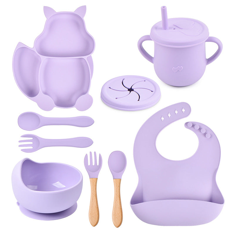 9-piece children's squirrel-shaped silicone tableware set, baby silicone food supplement set, children's silicone dinner plate