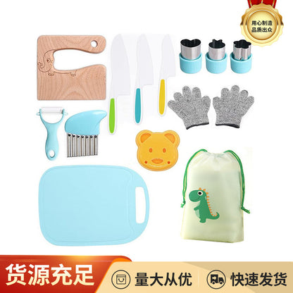 17-piece wooden children's kitchen knife set gloves cutting board fruit vegetable potato cutting plastic children's safety knife
