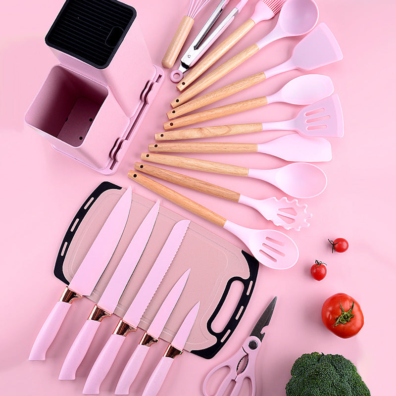 Wooden handle silicone kitchen utensils set 19-piece knife set combination storage bucket kitchen knife cooking tools non-stick