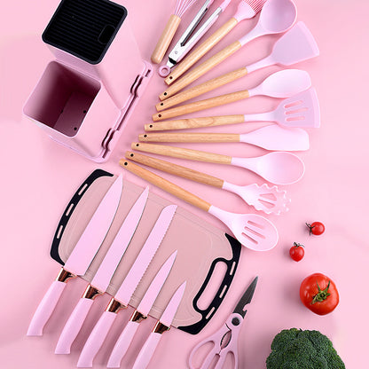 Wooden handle silicone kitchen utensils set 19-piece knife set combination storage bucket kitchen knife cooking tools non-stick