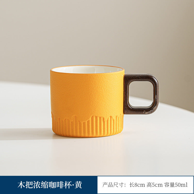 Wooden-handled coffee mug/tea tasting cup, gradient glaze exquisite ceramic small cup gift set wholesale.