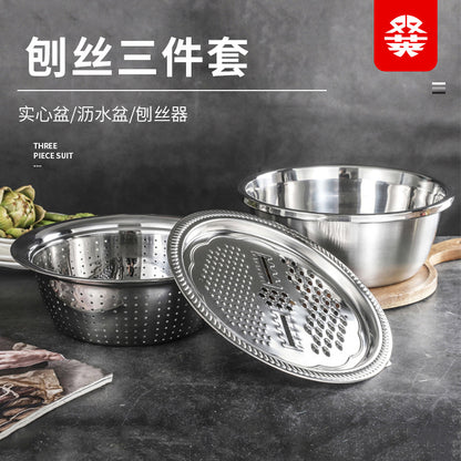 Factory direct supply stainless steel multifunctional grater three-piece set washing rice sieve grater basin kitchen drain washing basin
