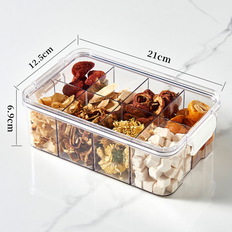 Square flower tea packaging box, 460ml, four-compartment plastic airtight container, food-grade storage box.