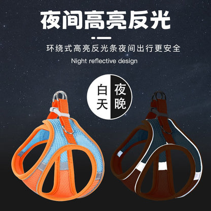 New vest-style pet leash nylon mesh dog harness set, reflective for dogs, available for wholesale.