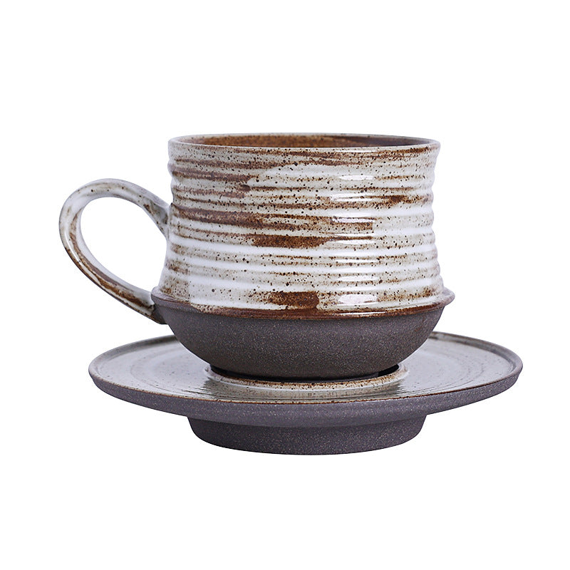Cross-border retro coarse ceramic coffee cup and saucer set, American style personalized hand-pulled flower mug, household tea cup wholesale.