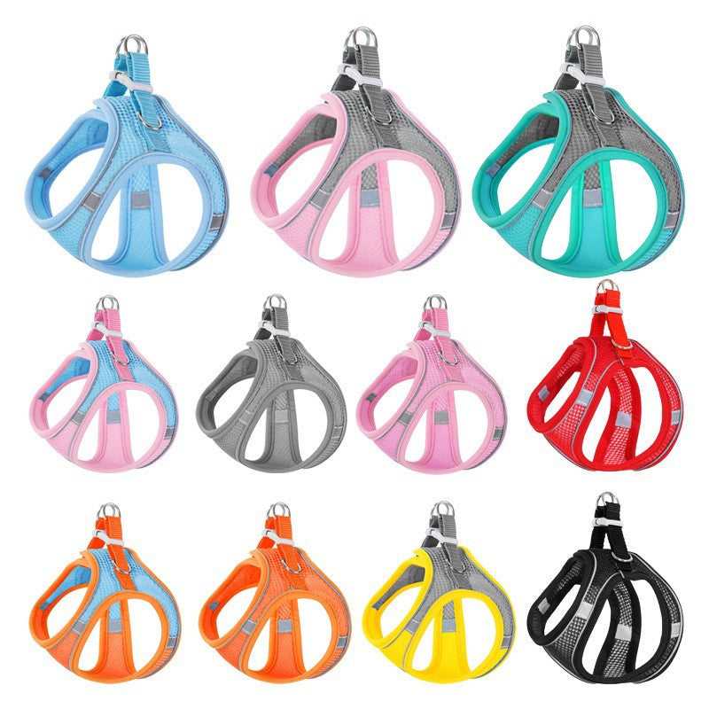 New vest-style pet leash nylon mesh dog harness set, reflective for dogs, available for wholesale.