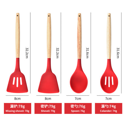 Beech handle silicone kitchenware 12-piece set plus storage bucket Yangjiang kitchen tool set cooking spatula ready for sale