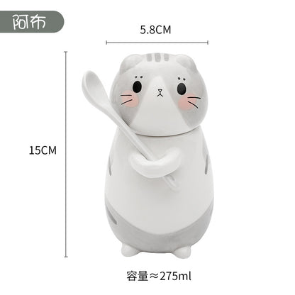 Couple mugs, Japanese cartoon cute cat water cups, ceramic cups for breakfast, milk, coffee, Instagram style, mugs with lids.