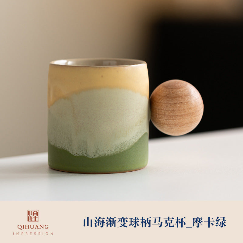 Wooden-handled coffee mug/tea tasting cup, gradient glaze exquisite ceramic small cup gift set wholesale.