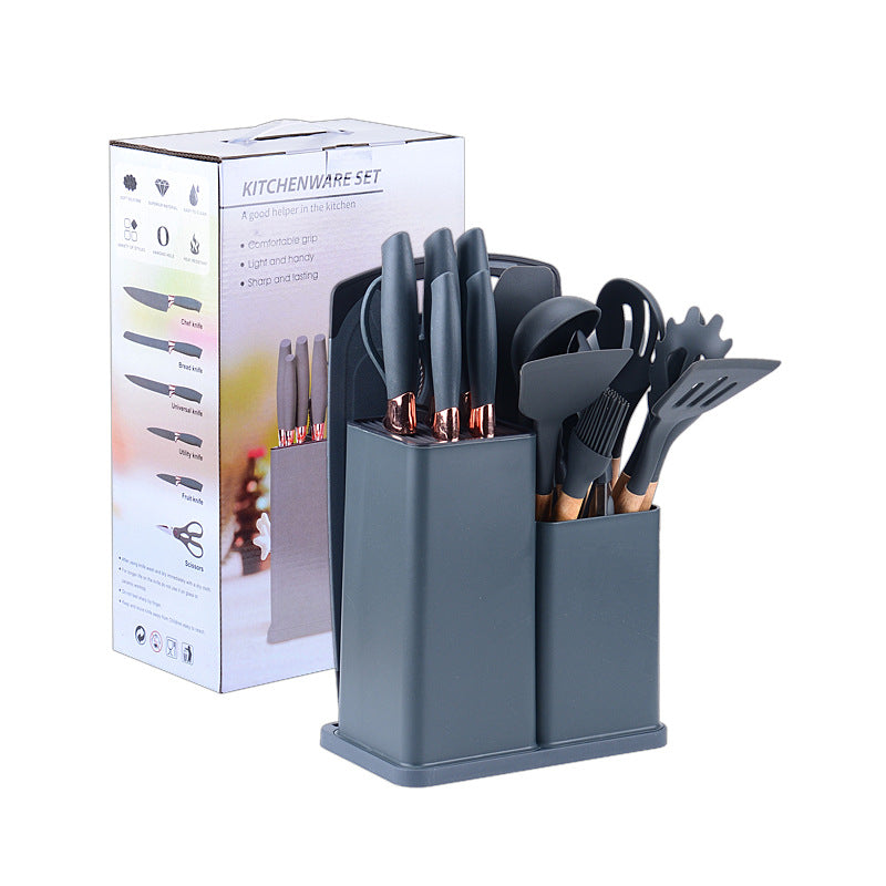 Wooden handle silicone kitchen utensils set 19-piece knife set combination storage bucket kitchen knife cooking tools non-stick