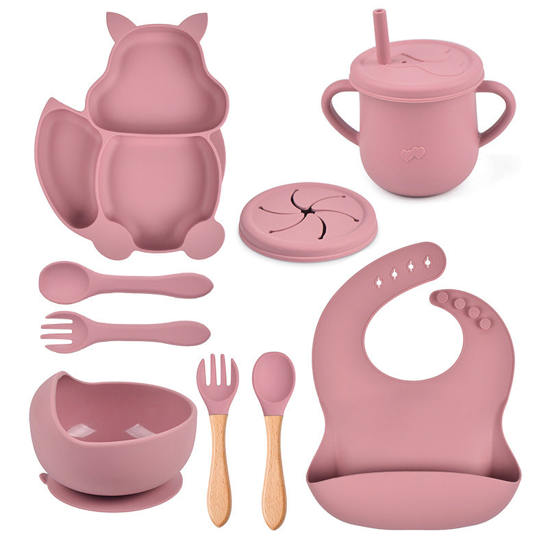 9-piece children's squirrel-shaped silicone tableware set, baby silicone food supplement set, children's silicone dinner plate
