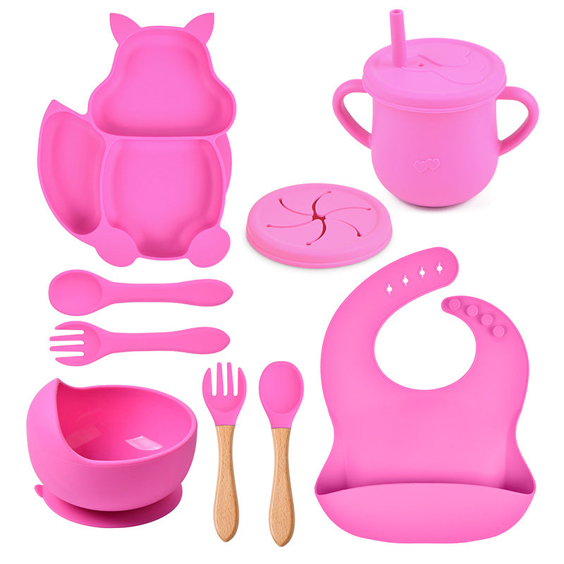 9-piece children's squirrel-shaped silicone tableware set, baby silicone food supplement set, children's silicone dinner plate