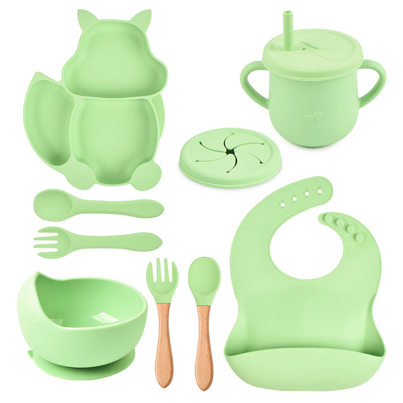 9-piece children's squirrel-shaped silicone tableware set, baby silicone food supplement set, children's silicone dinner plate