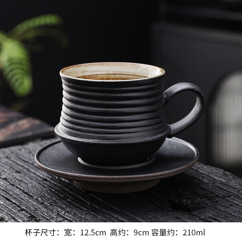 Cross-border retro coarse ceramic coffee cup and saucer set, American style personalized hand-pulled flower mug, household tea cup wholesale.