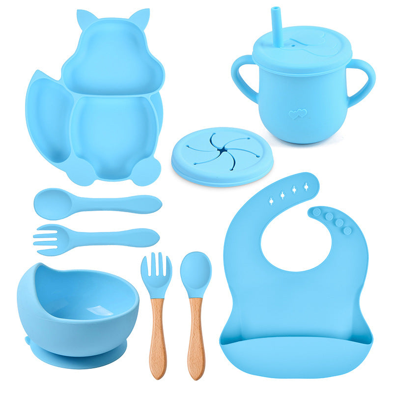 9-piece children's squirrel-shaped silicone tableware set, baby silicone food supplement set, children's silicone dinner plate
