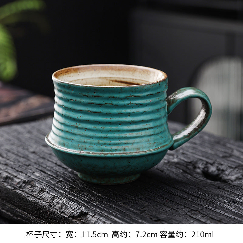 Cross-border retro coarse ceramic coffee cup and saucer set, American style personalized hand-pulled flower mug, household tea cup wholesale.