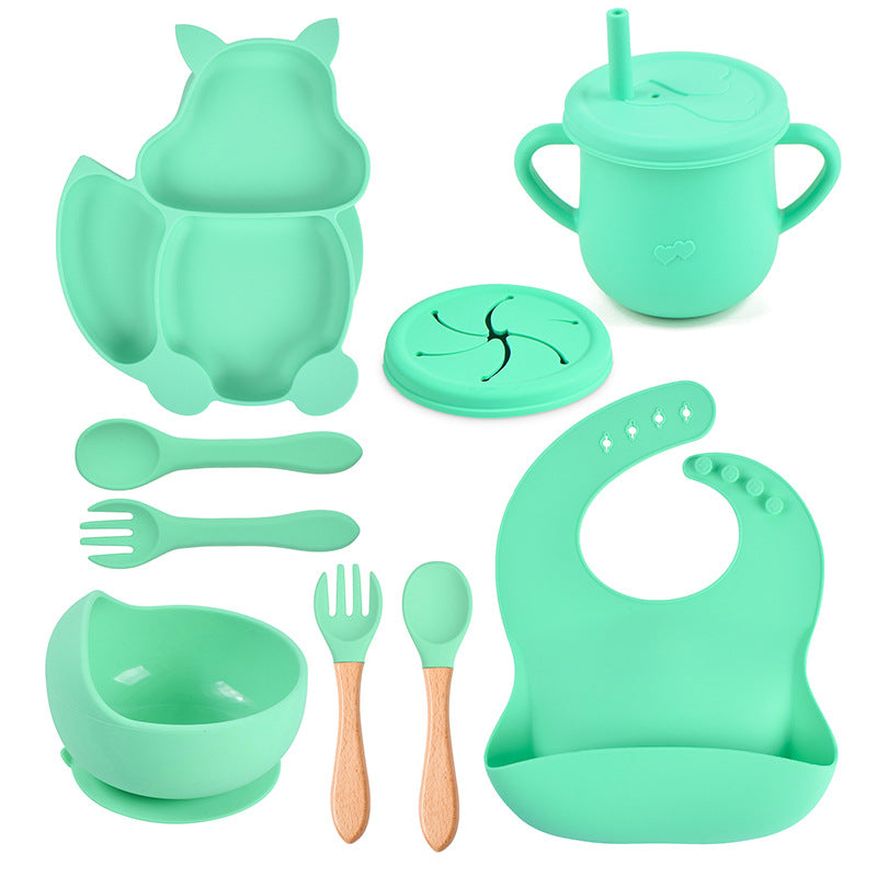 9-piece children's squirrel-shaped silicone tableware set, baby silicone food supplement set, children's silicone dinner plate