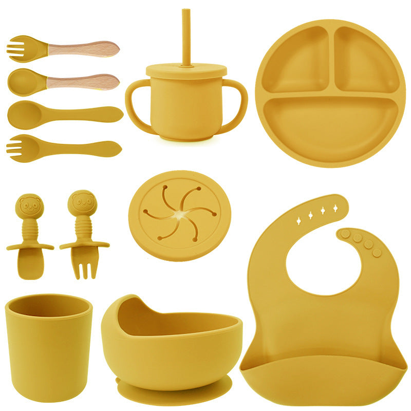 Baby silicone tableware set infant food bowl spoon saliva pocket children's 3-grid silicone dinner plate straw cup