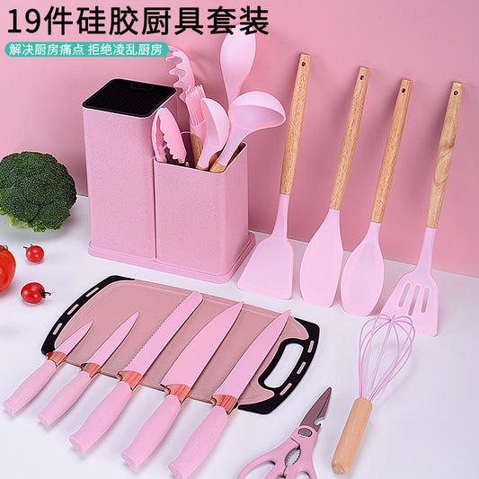 Wooden handle silicone kitchen utensils set 19-piece knife set combination storage bucket kitchen knife cooking tools non-stick