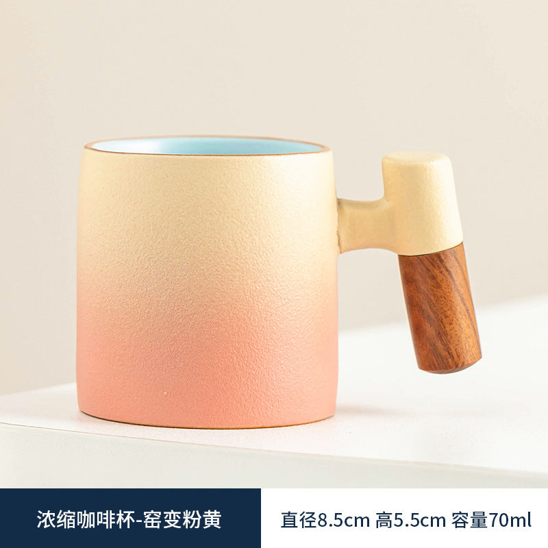 Wooden-handled coffee mug/tea tasting cup, gradient glaze exquisite ceramic small cup gift set wholesale.