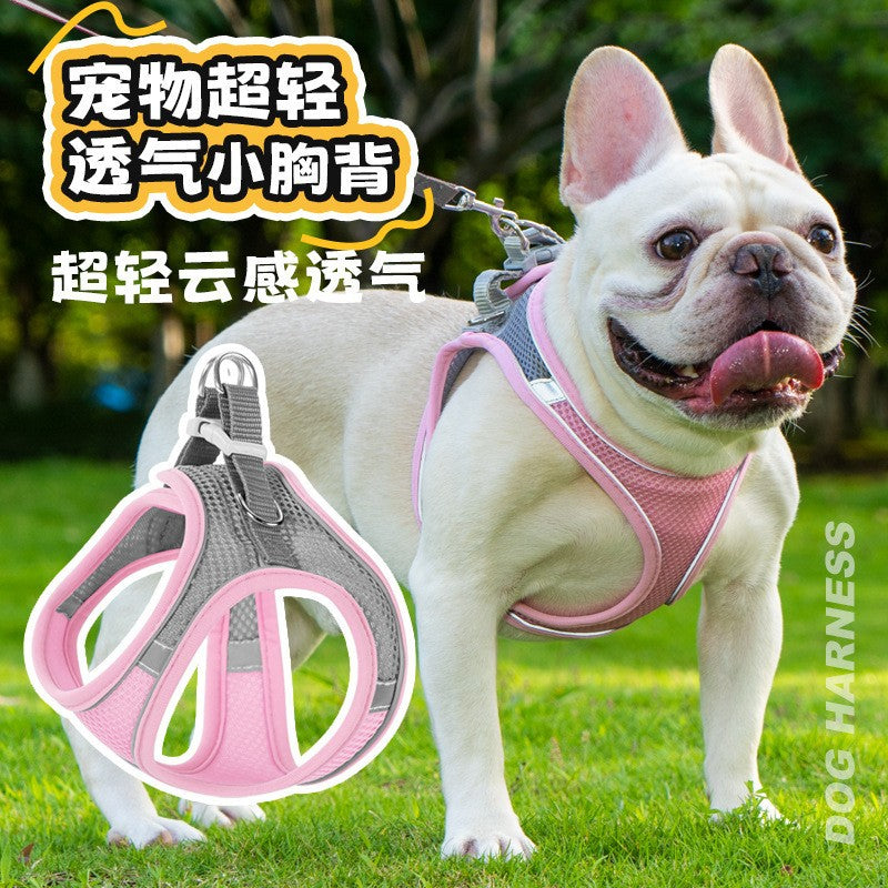New vest-style pet leash nylon mesh dog harness set, reflective for dogs, available for wholesale.