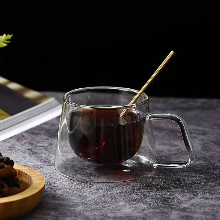 For sale manufacturer creative glass coffee cup double-layer insulated belt handle glass mug cappuccino breakfast cup