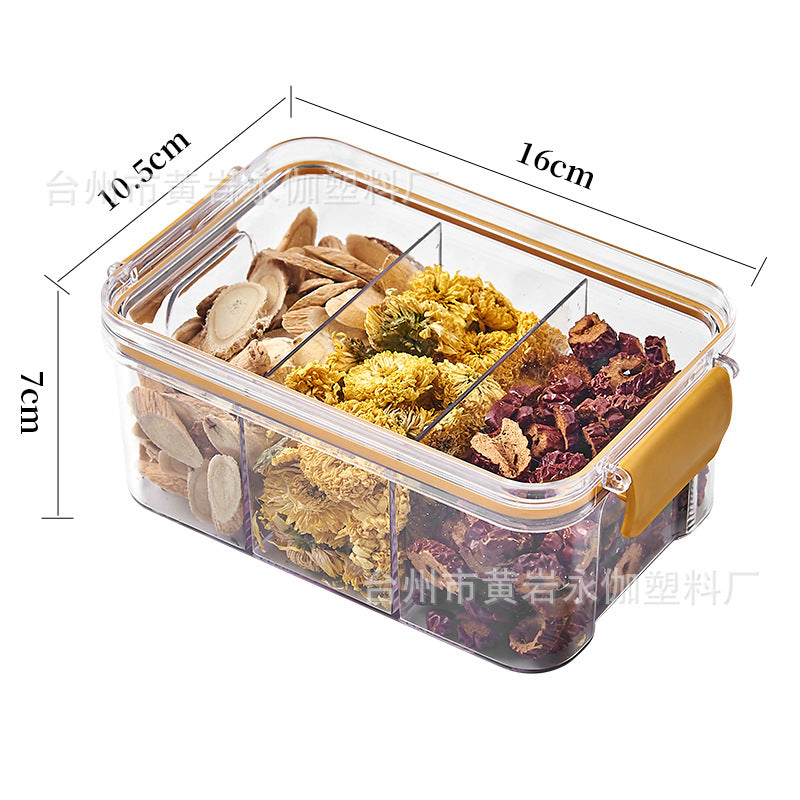 Square flower tea packaging box, 460ml, four-compartment plastic airtight container, food-grade storage box.
