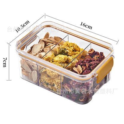 Square flower tea packaging box, 460ml, four-compartment plastic airtight container, food-grade storage box.