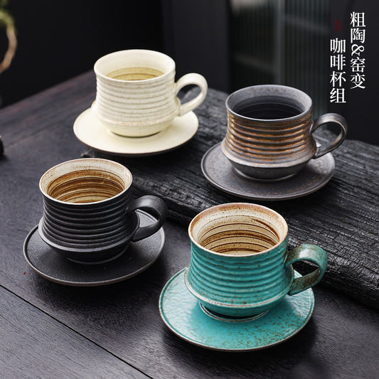 Cross-border retro coarse ceramic coffee cup and saucer set, American style personalized hand-pulled flower mug, household tea cup wholesale.