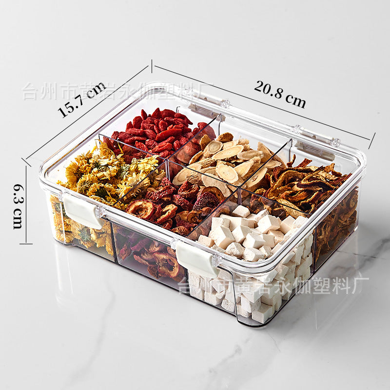 Square flower tea packaging box, 460ml, four-compartment plastic airtight container, food-grade storage box.