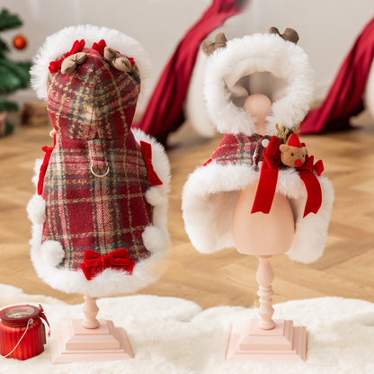 Autumn/Winter Dog Clothes: Plaid Christmas Leash, Cape, Hooded Fleece Sweater, Warm Pet Clothing for Bichon Frises and Teddy Bears
