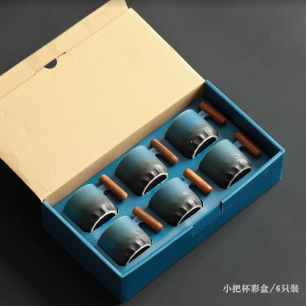 Wooden-handled coffee mug/tea tasting cup, gradient glaze exquisite ceramic small cup gift set wholesale.