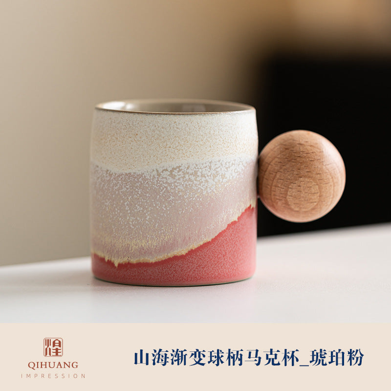 Wooden-handled coffee mug/tea tasting cup, gradient glaze exquisite ceramic small cup gift set wholesale.
