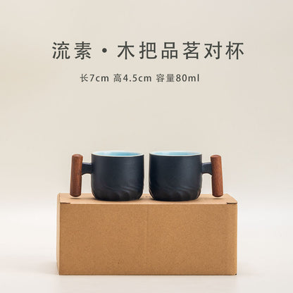 Wooden-handled coffee mug/tea tasting cup, gradient glaze exquisite ceramic small cup gift set wholesale.
