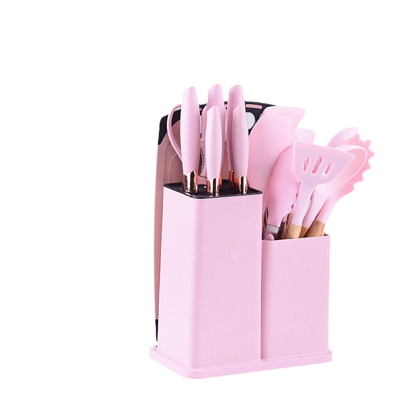 Wooden handle silicone kitchen utensils set 19-piece knife set combination storage bucket kitchen knife cooking tools non-stick