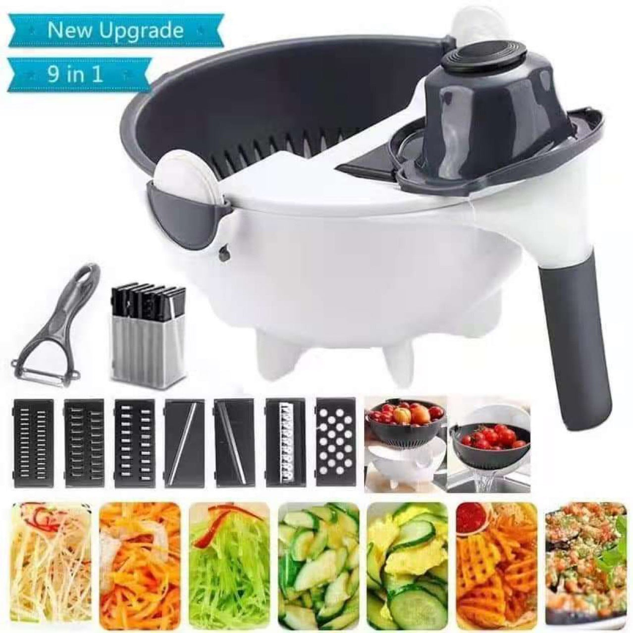 9-in-1 Vegetable Cutter, Factory Direct, Drain Basket, Vegetable Cutter with Drainer, Shredder, Fruit Basket (Multi-functional)