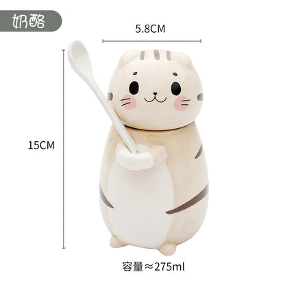 Couple mugs, Japanese cartoon cute cat water cups, ceramic cups for breakfast, milk, coffee, Instagram style, mugs with lids.