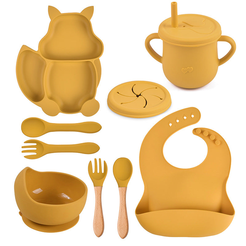 9-piece children's squirrel-shaped silicone tableware set, baby silicone food supplement set, children's silicone dinner plate