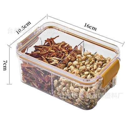 Square flower tea packaging box, 460ml, four-compartment plastic airtight container, food-grade storage box.