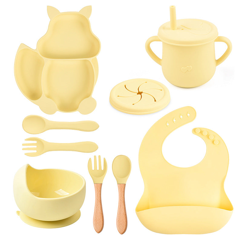 9-piece children's squirrel-shaped silicone tableware set, baby silicone food supplement set, children's silicone dinner plate