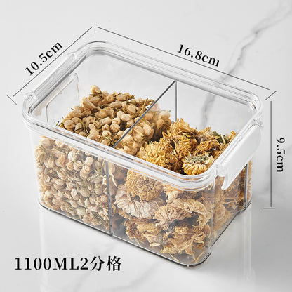 Square flower tea packaging box, 460ml, four-compartment plastic airtight container, food-grade storage box.