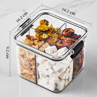 Square flower tea packaging box, 460ml, four-compartment plastic airtight container, food-grade storage box.