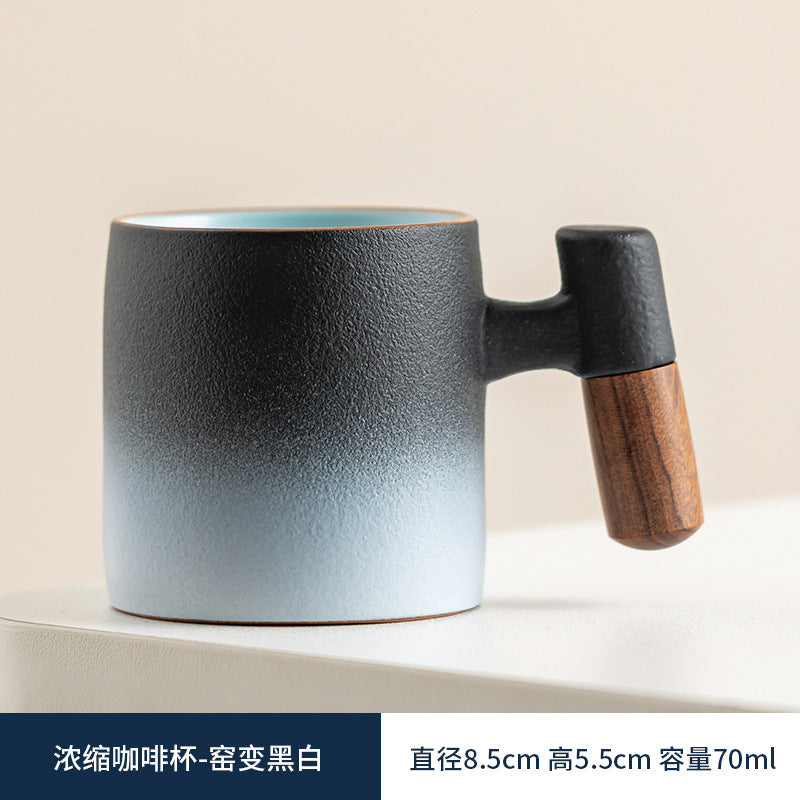 Wooden-handled coffee mug/tea tasting cup, gradient glaze exquisite ceramic small cup gift set wholesale.