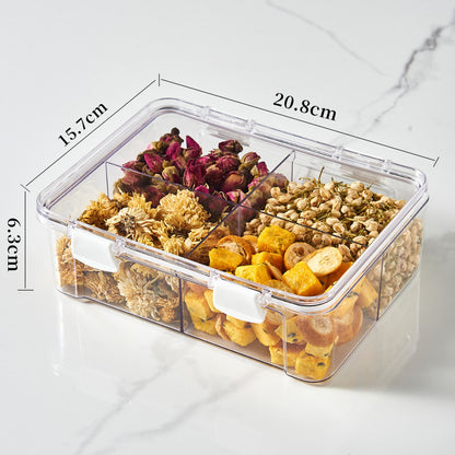 Square flower tea packaging box, 460ml, four-compartment plastic airtight container, food-grade storage box.