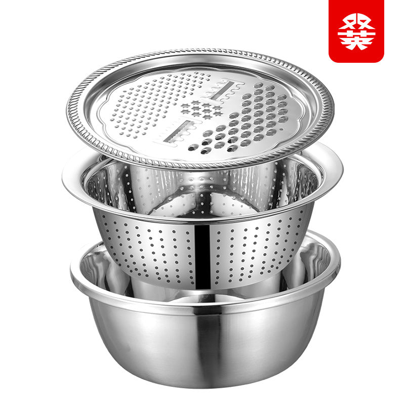 Factory direct supply stainless steel multifunctional grater three-piece set washing rice sieve grater basin kitchen drain washing basin